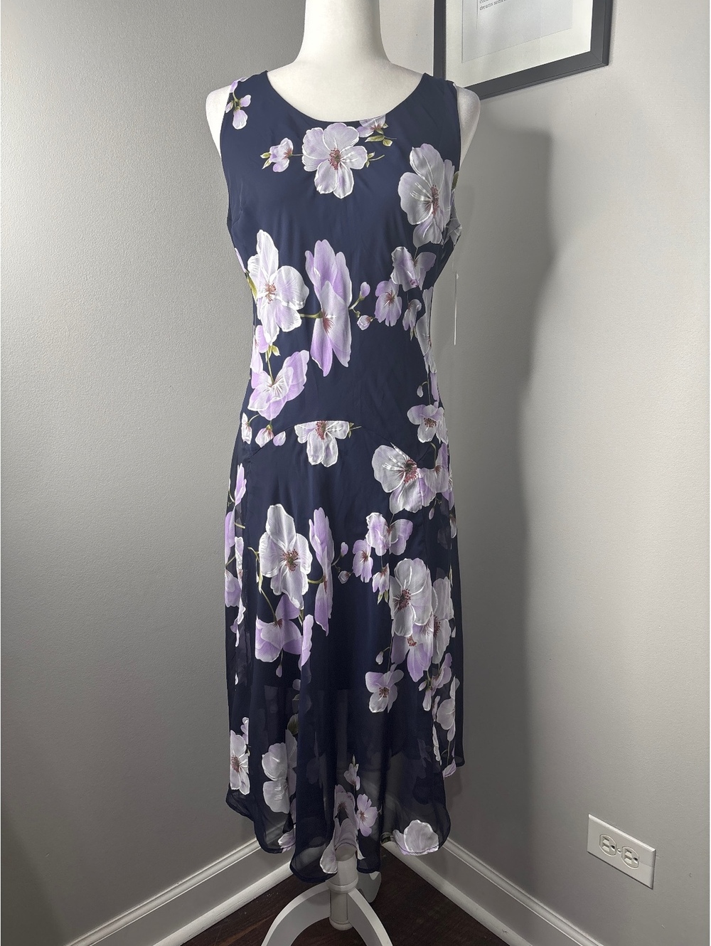 Signature by Robbie Bee Navy Blue Floral Midi Dress Size 10